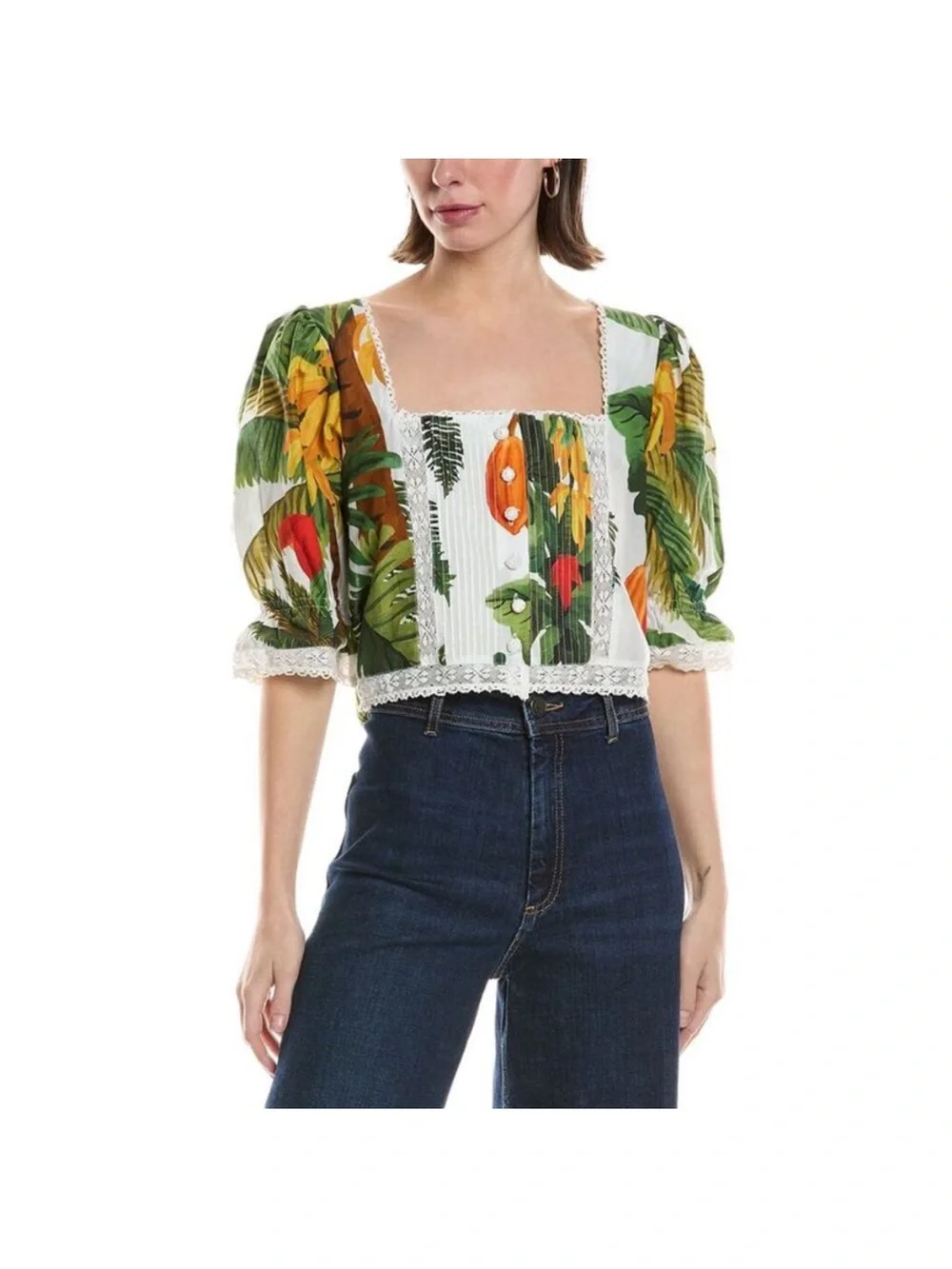 FARM Rio White Tropical Floral Lace-Trim Square Neck Crop Top